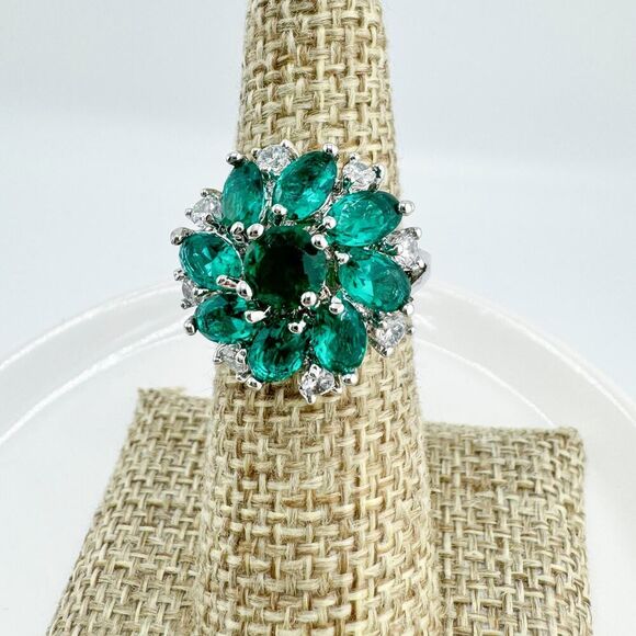 Vintage Art Deco Green 925 1930s Cluster Ring Dazzling Statement Flower - Picture 5 of 10